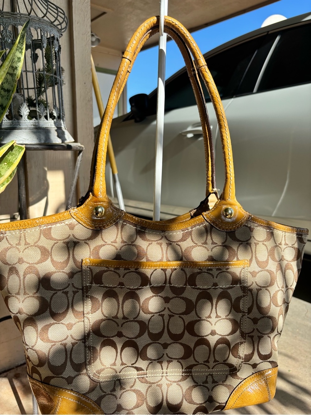 Coach Signature Canvas Tote in Brown and Mustard